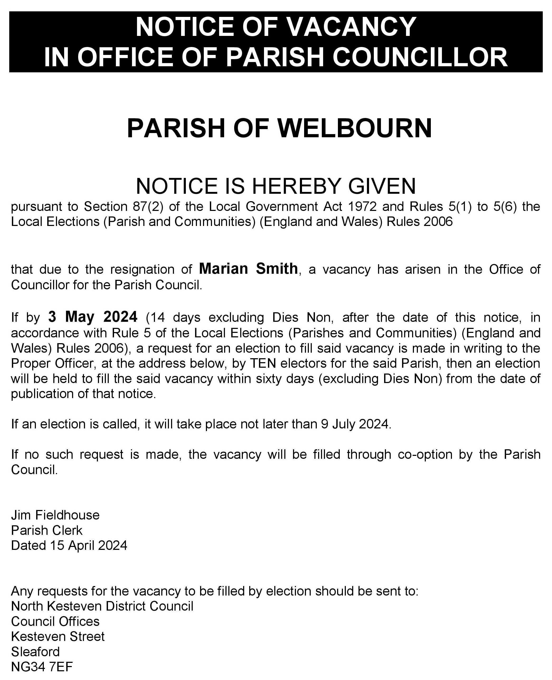 Notice of vacancy welbourn m smith